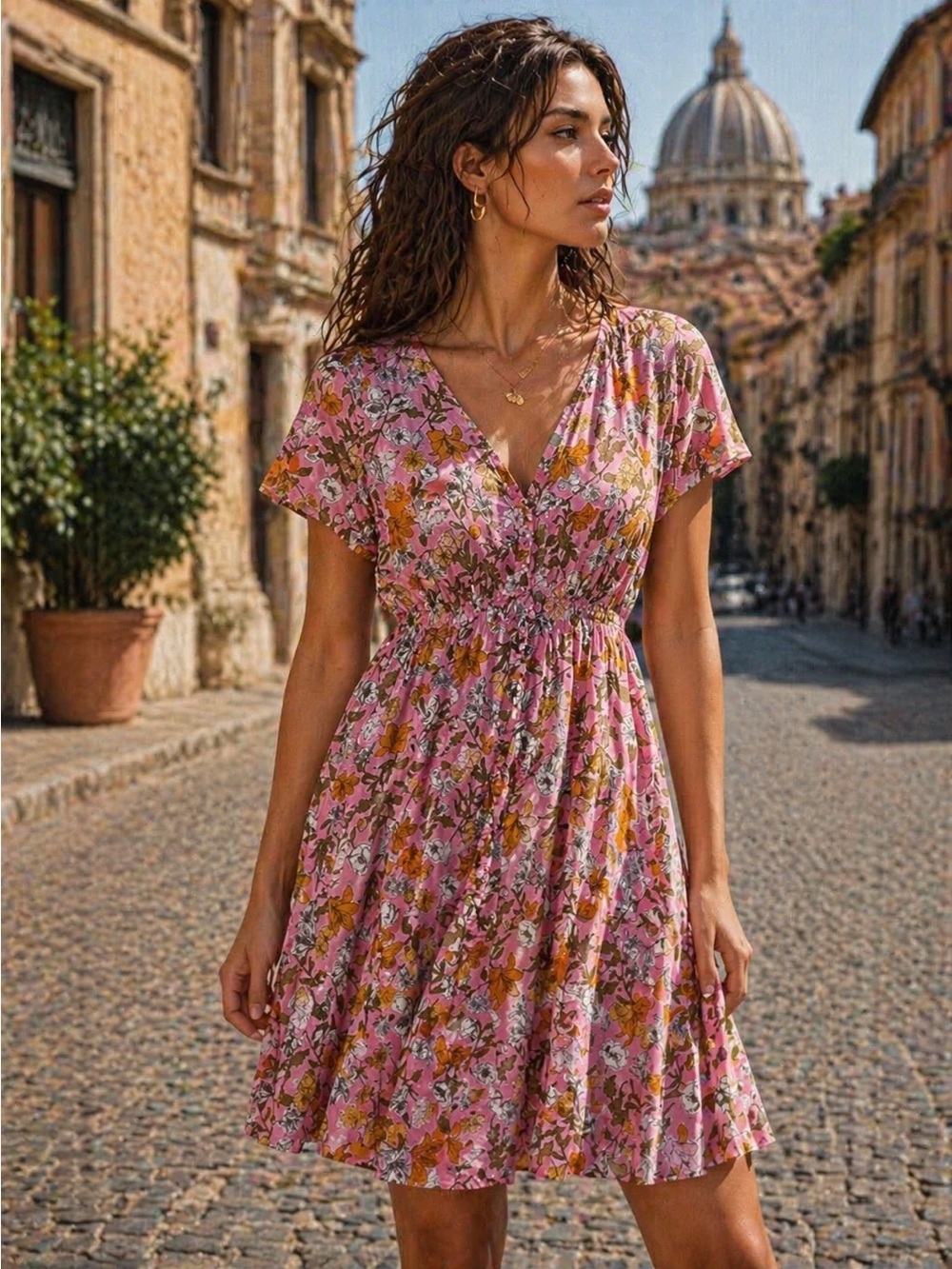🩷Cynthia Rowley Pink Floral V-Neck Mini Dress with Orange and White Flowers